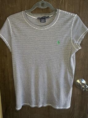 Ralph Lauren Navy and White Striped Tee with Green Pony